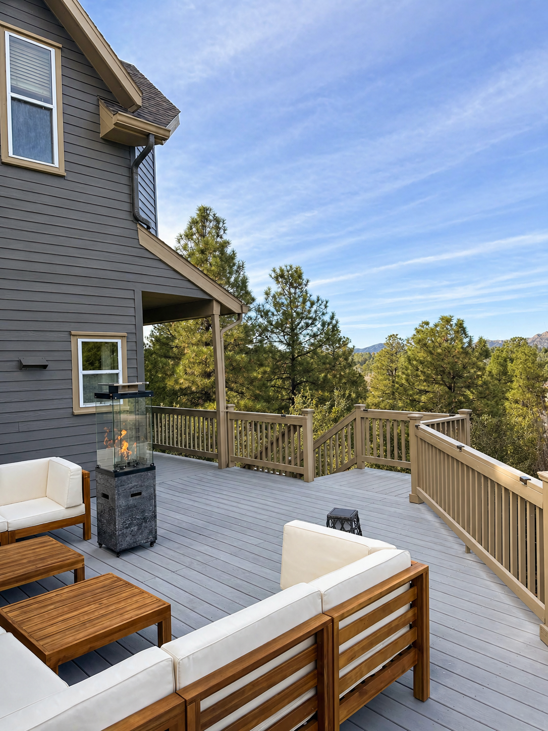 Granite Pines Chalet upper deck with forest views and seating